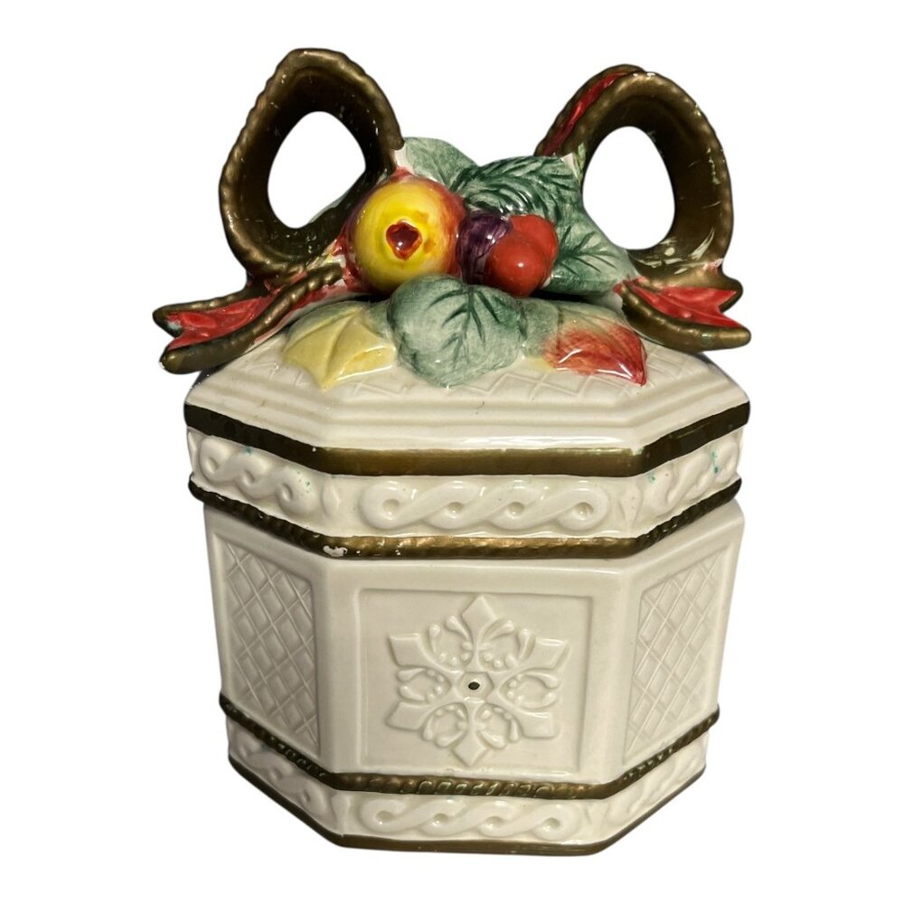 Fitz and Floyd Father Noel Octagon Lidded Box, Fruit & Ribbon Top, 1990s